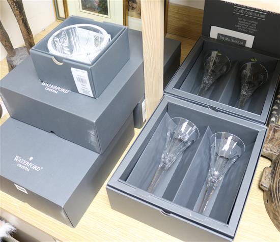 Six boxed sets of two Waterford cut crystal Millennium toasting glasses and a Waterford cut crystal bowl